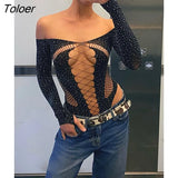 Crystal Mesh Sexy Bodysuit Lingerie Black See Through Backless Hollow Out Bodysuit Nightclub Party Hot Workwear