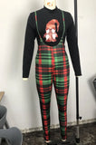 Casual Print Long Sleeve Top And Plaid Suspender Pant 2 Piece