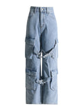 Toloer 2024 New Fashion Retro Multi-Pocket Design Sense Strap Jeans Women's Straight Tube Casual Versatile Pants-Outfit