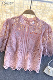 Korean Woman Clothes Blusas Mujer De Moda Fashion Shirts 2023 Hollow Out Floral Blouses Women Lace Laides Cropped
