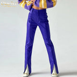 Fashion Blue Pu Leather Pants Women Elegant Slim High Waist Trousers Streetwear Full Length Slit Pants Female
