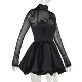 Black Turtleneck Sheer Long Sleeve Satin Mini Dress-Outfit