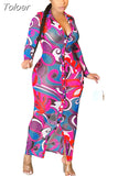 Fashion Print Mesh Sheer Bodycon Dresses for Women 2023 Fall Sexy Nightclub Button Up Long Sleeve Maxi Dress