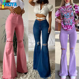 Solid Tight Summer Clothing New Women Denim Flared Pants High-waisted Button Holes Ripped Bodycon Bell-Bottoms
