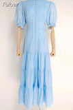 Casual Solid Dress For Women Stand Collar Short Puff Sleeve High Waist Patchwork Lace Long Dresses Female Fashion