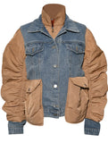 Casual Denim Patch Ruched Long Sleeve Padded