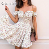 Sexy Chiffon ruffles off shoulder sexy mini dress Floral printed A-line summer wrap elegant 2021 white vestidos
