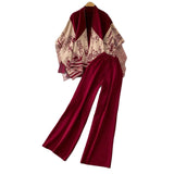Temperament Bottom Half-High Collar Sweater + Printed Knitted Shawl Jacket + High Waist Lanky Trousers Three-Piece