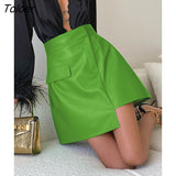 Street Pu Skirts High Waist Asymmetrical Green Chic All-Match Skirts Office Fashion Fall Zipper A-Line Mini Skirts