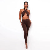 Piece Set Women Solid Halter Jumpsuits High Waist Long Pants Femmal Clothing Elegant Party Club Streetwear