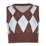 Argyle Y2K Crop Top Sweater Vest V Neck Vintage Sleeveless Tank Jumper Preppy Style Plaid Knitted Pullover