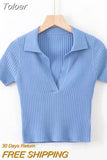 Women Polo Shirts Short Sleeve Knit T-shirt Plain Women Ribbed V-neck Crop Top Solid Slim Cropped Tees 2023