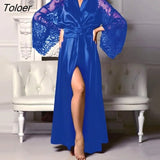 Womens Nightdress Sexy Long Lace Lingerie Nightwear Bath Robe Gown Imitation Ice Silk Nightdress Solid Color
