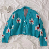 Style Flower Knit Cardigans Sweater Women V Neck Loose elegaht Thicked Pull Femme Print Short Casual Coat