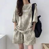 Women Shorts Matching Set Casual Loose Short Sleeve Clothing Female Print Tops Elastic Waist Pant 2 Piece Suit
