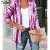 Sequin Lapel Women Blazer Coat 2023 Autumn Fashion Long Sleeve Women Jacket Elegant Turn-down Collar Office Lady