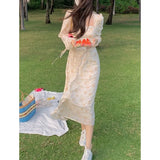 Summer Elegant Y2k Midi Dress Women Casual Lace One Piece Dress Korean Sweet Vintage Floral Dress Party Female Long