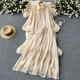 Suit Female Senior Sleeve Lace Splicing Lantern Long-Sleeved Shirt + High Waist Slim Swing