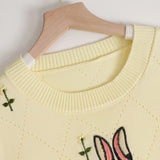 Thin Hollow Out Knitted T-Shirt Women's Fashion Cartoon Embroidery Short-sleeved Sweater Ladies Casual Knitwear