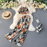 Bohemian Floral Two Piece Set Women Sexy Slash Neck Spaghetti Strap Short Tops + High Waist Wide Leg Pants Pleated 2pcs Suit