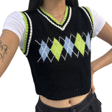 Argyle Knit Tank Top Female Streetwear Preppy Style Y2K Clothing Vneck Cropped Shirt 90s
