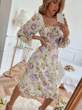 Graduation party Muiches Square Collar Printing Flower Dress Spring Casual Lantern Sleeve Lace Loose A Line Midi Dresses For Women