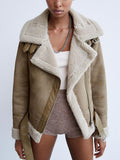 2022 Winter Women Faux Shearling Jackets Sheepskin Fake Leather Jackets Coat Lady Thick Warm Suede Lambs Short Brown