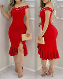 Women Sexy Shiny Rhinestone Embellished Off Shoulder Bodycon