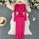 Autumn Sexy Knitted Dress Women V Neck Long Sleeve Slim Maxi Dress Female Autumn Hollow Out Sweater Long Dress