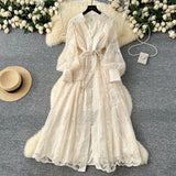 High-End Women's Dress 2025 Spring Collection Heavy Industry Embroidery V Neck Lantern Sleeve Single Row Buckle Long