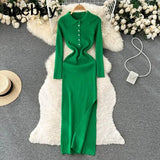 Autumn Knitted Dress Women Long Sleeve Elastic Waist Split Sweater Dress Ladies Party Sexy Warm Bodycon Maxi Long