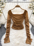 Sexy Mesh Short Blouse Women Brown/White/Blue Square Collar Long Sleeve Draped Slim Shirt Female Party Tops New Fashion