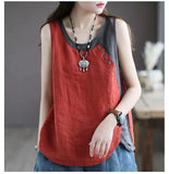 And Linen Vest Women's Large Size 2022 Summer Fashion Design Color Matching Loose Casual Retro Sleeveless Pullover