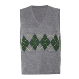 Casual Autumn Sleeveless Sweater Vest V Neck Plaid Knitted Jumpers Women Preppy Style Fashion Korean Knitwear