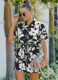 Printed Casual Turn-down Collar Short Sleeves Floral Print Belted Loose