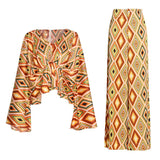 Loose Two Piece Set For Women V Neck Long Sleeve Print Top High Waist Wide Leg Pants Slim Sets Females Fashion