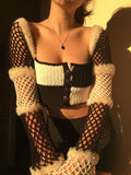Contrast Plaid Sweater Cardigan High Street Vintage Square Collar Fishnet Sleeve Knitted Jacket Women Chic Elegant