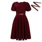 Women's 2025 Summer Fashion Bubble Sleeve Elegant High- Waist Solid Colored Round Dress African