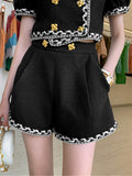 Chic Vintage Tweed 2 Piece Sets Women Outfits Short Sleeve Tweed Cropped Top Shorts Sets Fashion Two Piece Pant