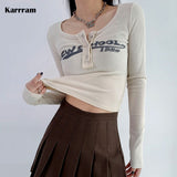 Vintage Letter Print Crop Tops Grunge Ribbed T-shirts Sexy Slim Long Sleeve Tee Shirt Women Korean Fashion