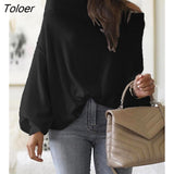 Women Fashion Casual Brief Slash Neck Long Sleeve Autumn Solid Blouse Tops Off Shoulder Lantern Sleeve Ribbed