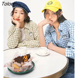 Women Shirts 2022 Autumn Long Sleeve Polo Neck Plaid Blouse Checked Khaki Blue Chic Casual Streetwear