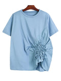 Women Spliced Pleated Loose Fit T-shirt New Round Neck Long Sleeve Fashion Tide All-match Spring Autumn 2023