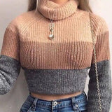 Womens Pullovers Turtlenecks Long Sleeve Knit Brown Crochet Top Knitting Striped Females Thick Warm Cropped Sweaters