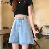 Crimping Shorts Denim Women High Waist Simple Korean Style A-line Ulzzang Vintage Students All-match Fashion