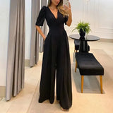 Women Jumpsuit Puff Short Sleeve V Neck Backless Nipped Waist Loose Wide Legs Casual Pants Romper High