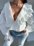 White Cut Out Shirt For Women V Neck Puff Sleeve Loose Solid Minimalist Button Through Blouse Female Clothing