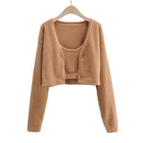 Cropped Button Knit Two Piece Cardigan-Outfit