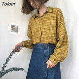 Women Blouses Single Breasted Side-slit Leisure Shirts Plaid Loose Harajuku All-match Korean Retro BF Chic Tops Popular