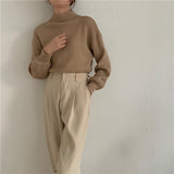 Women Autumn Winter Half Neck Sweater Tops Long Lantern Sleeve Casual Knitted Blouse Fashion Korean Elegant Office Lady